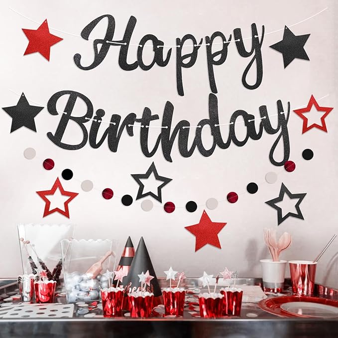 Pre-Strung Happy Birthday Banner, NO DIY Birthday Decorations with Circle Dot Garland，Happy Birthday Party Decorations for Women Men Girls Boys (Red Black)