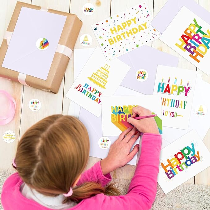 Hooqict 120 Pack Assorted Gold Happy Birthday Cards Bulk with Envelopes and Stickers 4x6 Inch Thick Card Stock Blank Birthday Card Set for Kids Girls Boys Men Women Family Classroom Office Business