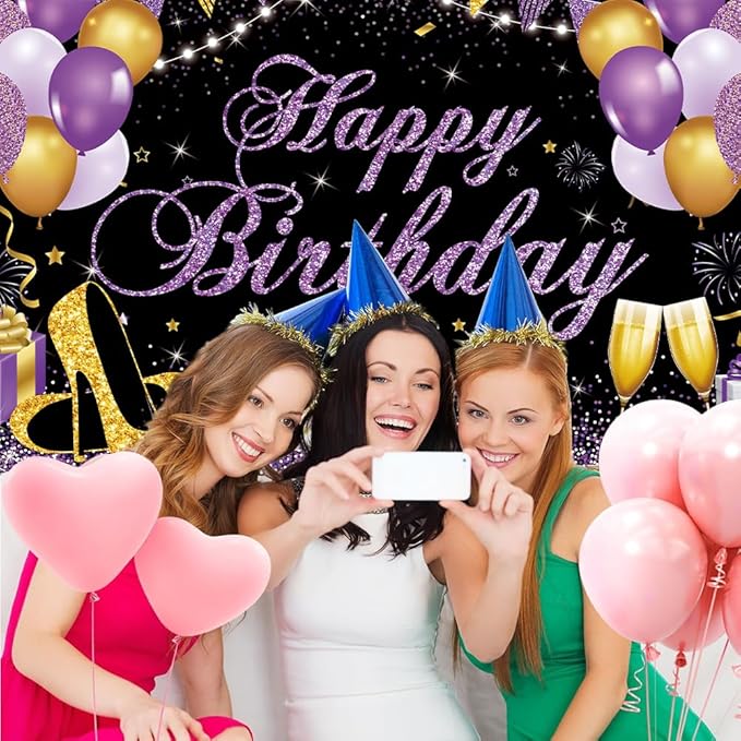 Happy Birthday Banner - Birthday Decorations for Women Girls Purple Birthday Party Banners Welcome Happy Birthday Background Sign for Theme Party Decorations Indoor Outdoor