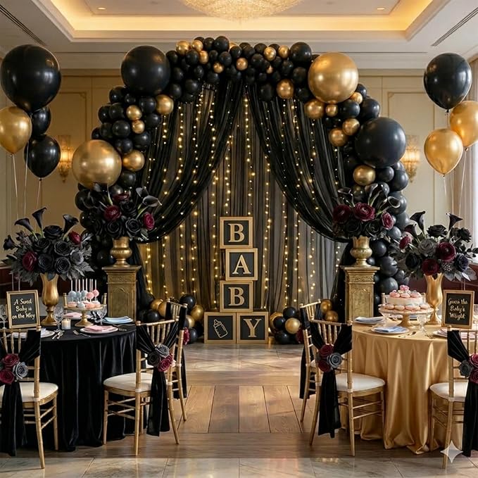 Black Backdrop Curtain - 10 * 8FT Tulle Backdrop Curtain with Lights String for Birthday Decorations - Sheer Backdrop Curtains for Weddings Baby Shower Celebration Happy Anniversary Decorations