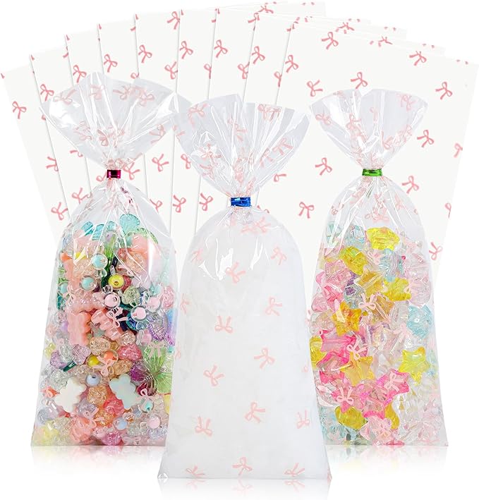 Docvania Cello Cellophane Treat Gift Bags Pink bow Cookie Bags 100 pcs 4 X 9 Goodie Bag with Ties for Mother's Day, Valentine's Day and Parties, Weddings
