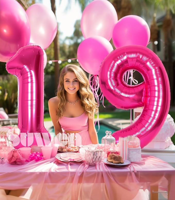 SUWEN 40 Inch Hot Pink Large 19 Number Balloons Big Foil Helium Number Balloons 0-9 Jumbo Happy 19th Mylar Birthday Party Decorations for Girl or Women 91 Anniversary Party Supplies