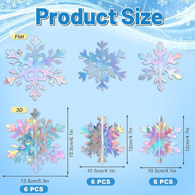 JULMELON 18PCS Christmas Hanging Snowflakes Decorations, 3D Holographic Paper Snowflakes Iridescent Snow Flakes Frozen Winter Wonderland Decorations for Christmas New Year's Birthdays Winter Parties