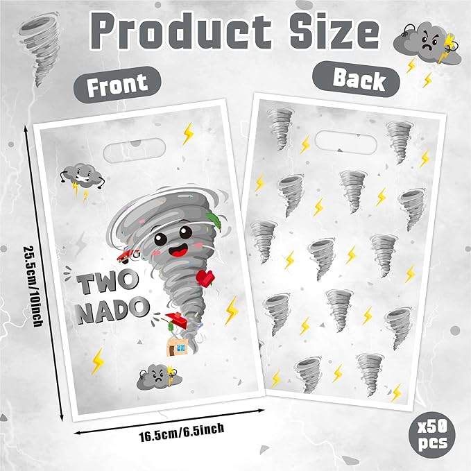 Two Nado Party Favor Bags - 50Pcs Gray Tornado Patterns Goody Candy Treat Bags for Kid, Cute Two Nado Theme Plastic 2nd Birthday Party Favor Supplies Decorations for Baby Boys Girls Baby Shower