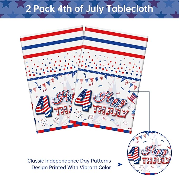2 Pack Happy 4th of July Tablecloth Decorations - Fourth of July Table Cloth, Plastic Disposable Rectangle Table Cover for Patriotic Independence day Tables Decor Party Supplies Favors,108 x 54 Inch