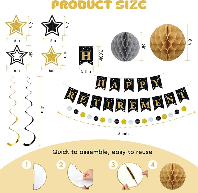 Happy Retirement Party Decorations for Men Women Black Gold Happy Retirement Banner Honeycomb Balls Pentagram Hanging Swirl Streamers Circle Dots Garland