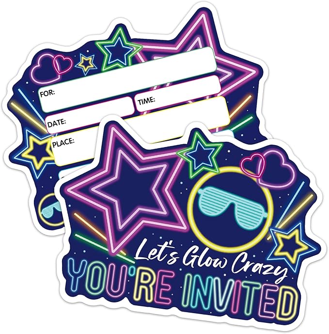ERHACHAIJIA 15 PCS Let's Glow Crazy Glow Sticks Shaped Fill-In Invitations Cards With Envelopes, Funny Glow Neon Party Birthday Disco Raves Concert Camping Party Invites for Teen Boys Girls Adults