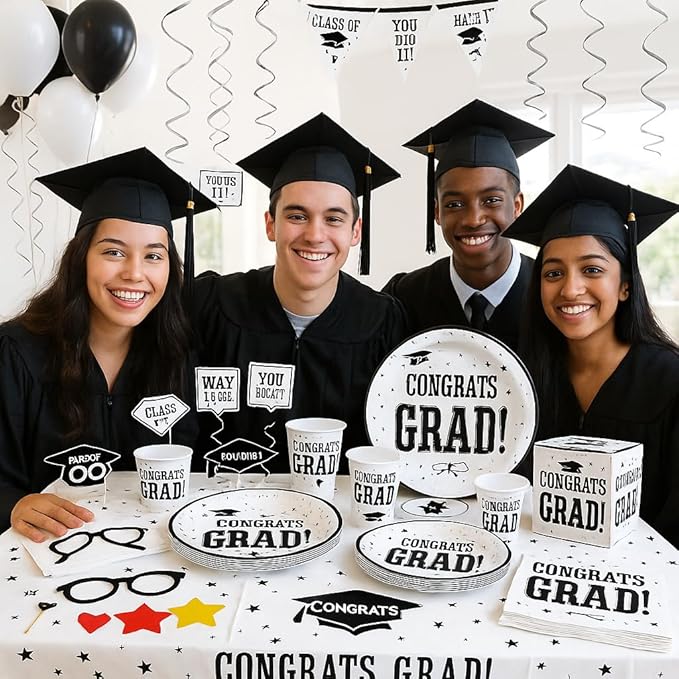 Oojami Graduation Party Supplies 2025 – Complete Set for 30 Guests with Plates, Cups, Napkins, Table Covers, Balloons, Photo Props, Banners & Card Box – Disposable Black & White Decor Kit