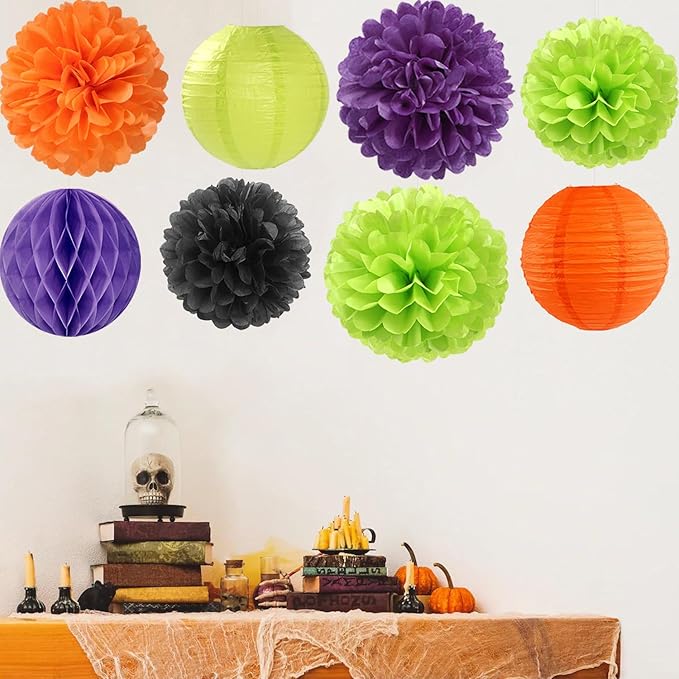 Orange Black Green Purple Paper Flowers Tissue Pom Poms Honeycomb Lanterns 15pcs Party Decorations Halloween Birthday Wedding Baby Bridal Shower Bachelorette Hanging Supplies Mprocherify