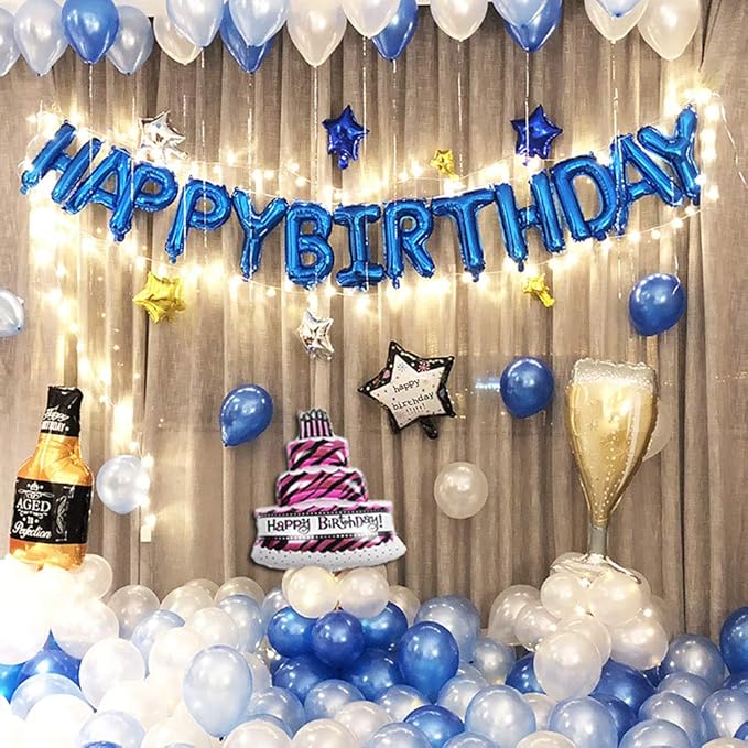 KALOR Blue and Silver Happy Birthday Balloons Kit with 16 Inch Mylar Foil Letters Balloon and Star Balloons for Birthday Party Decorations Photo Booth Backdrop