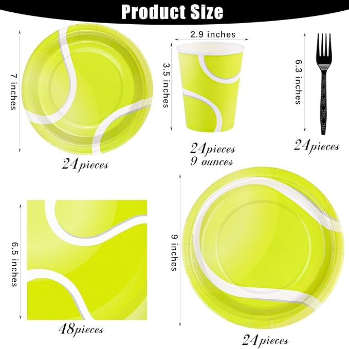 Durony 144-Piece Tennis Paper Plates & Napkins Dinnerware Set - Birthday Party Tableware Supplies Includes Plates, Napkins, Forks - Serve 24 for Sports & Tennis Parties