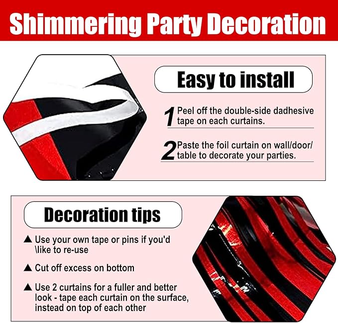 3 Pack Black Red Foil Fringe Curtain Backdrop, 3.28Ft x 6.6Ft Metallic Tinsel Foil Fringe Streamer Curtains for Photo Booth, Christmas Day, Thanksgiving, Wedding, New Year Party Decorations