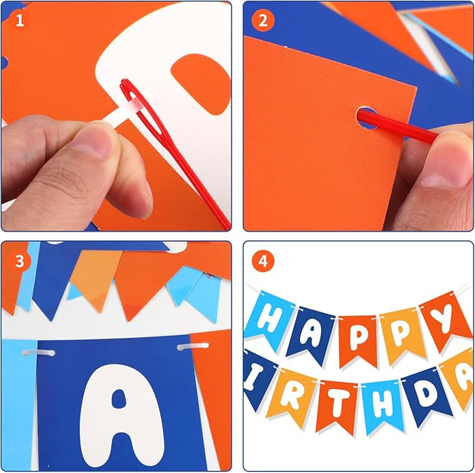 Blue & Orange Happy Birthday Banner, Happy Birthday Decorations Hanging Birthday Sign Circle Dot Triangle Bunting for Women Men Girl Boy Party Supplies