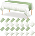 12Pcs White and Sage Green Tablecloth Decorations,Plastic White Table Cloth Printed Green Table Runner Disposable Rectangle Tables Cover for Birthday Wedding Anniversary Graduation Party,54 x108 Inch