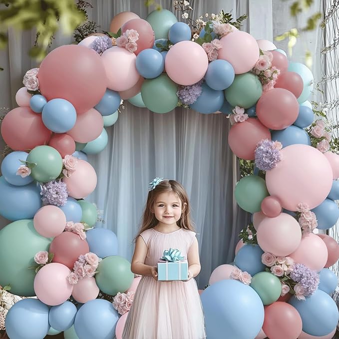 Pink Blue Green Balloons Garland Kit, Double Stuffed Dusty Green Light Blue Blush Dusty Pink Mauve Pastel Balloon Arch Kit for Birthday Gender Reveal Fairy Floral Easter Party Decor