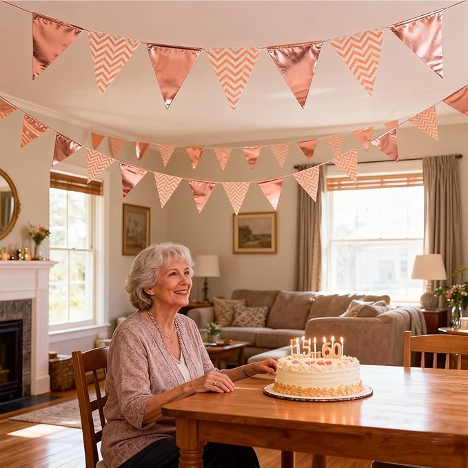 Pennant Banner Flags 24 Pcs Big Metallic Mirrored, 26 Ft Rose Gold Wave Pattern Cardboard Triangle Banner, Party Birthday Wedding Nurse Graduation Holiday Wall Decorations, Festive Supplies