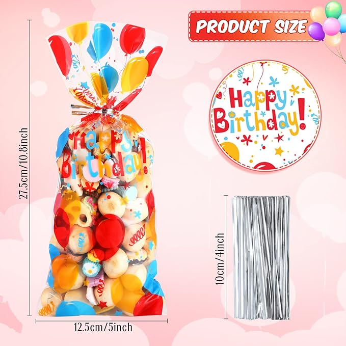 Blulu 100 Pcs Happy Birthday Cellophane Treat Bags Colorful Birthday Candy Goodie Bags Plastic Birth Loot Gift Wraps Goodie Cookies Paper Sacks with Silver Twist Ties for Weddings Party Favors