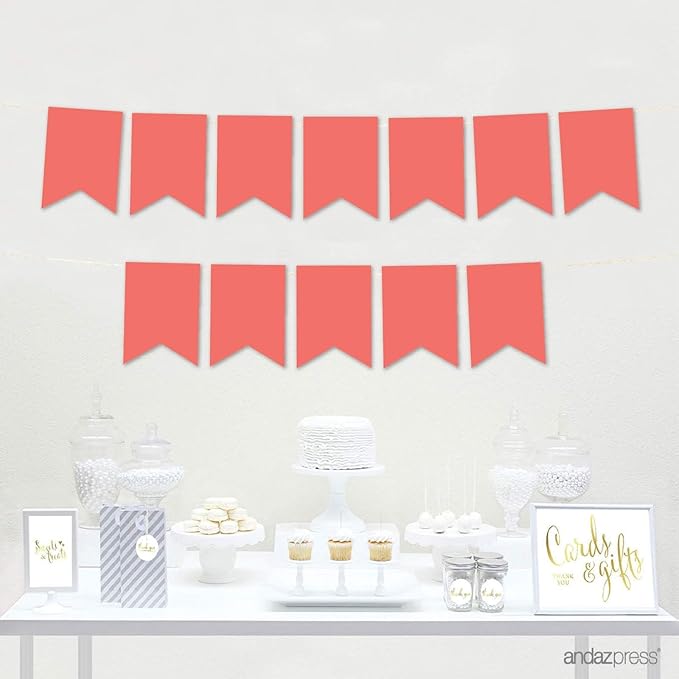 Andaz Press Hanging Pennant Banner with String, Coral, 1-Set, 24 Pennants, Approx. 12-Feet Long