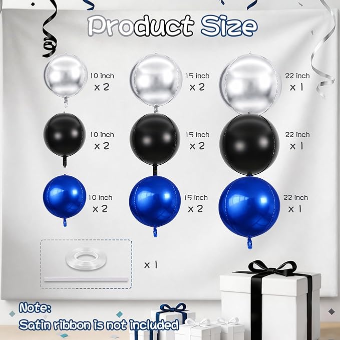 Togvu Black Blue Silver Round Balloons, 15PCS Different Sizes 4D Metallic Foil Balloon Large Sphere Mirror Ball Balloons for Prom Graduation New Year Birthday Party Ceiling Decorations Supplies