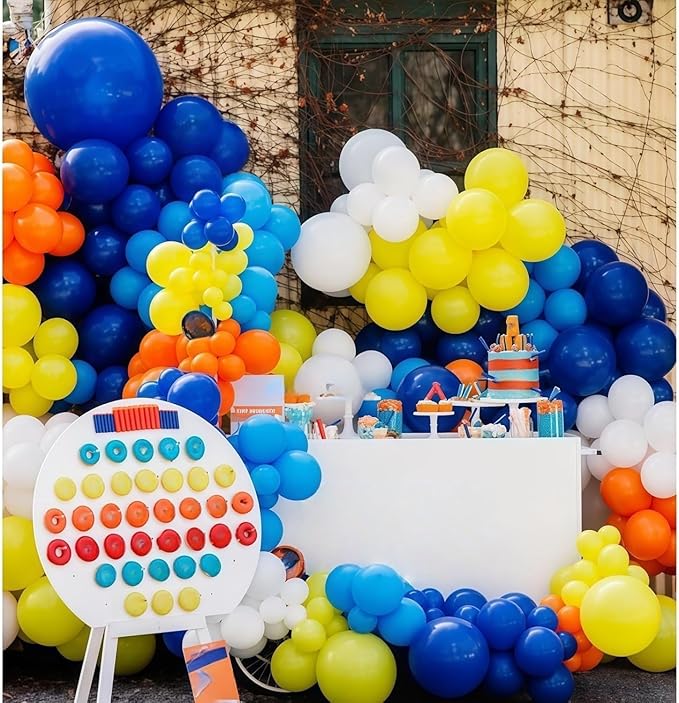 Navy Blue and Orange Garland Arch Kit, Orange and Yellow Balloons Light Baby Royal Blue with Foil Star Balloon for Kids Boys Baby Shower Birthday Graduation Gun Theme Party Decorations Supplies