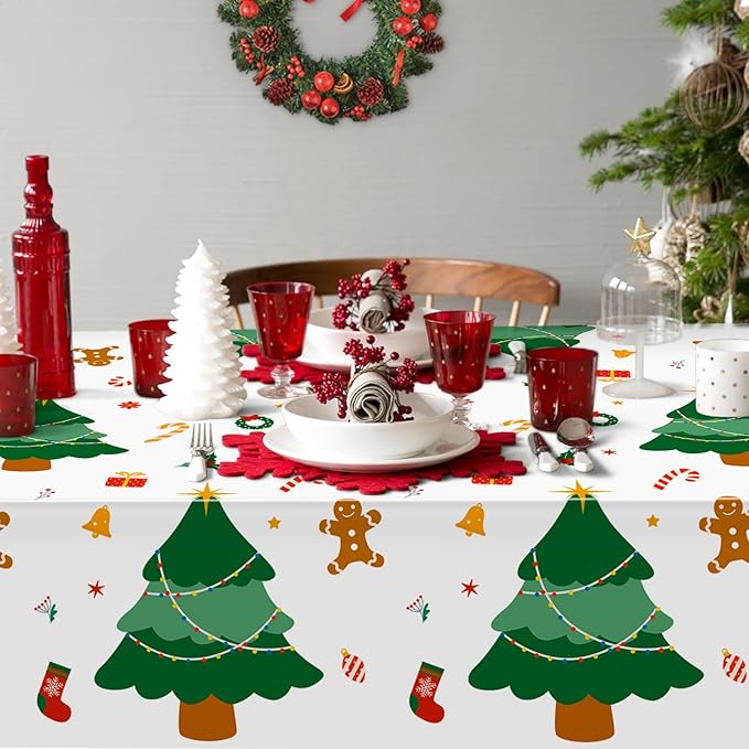 2 Pack Christmas Tree Tablecloth 54"x108" Disposable Plastic Waterproof Table Cloths Rectangular Table Cover for Merry Christmas Picnic Camping Outdoor Birthday Party Supplies