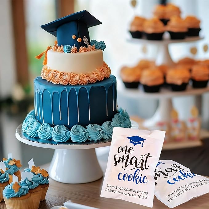 Whaline 100Pcs Graduation Cookie Treat Bags White-Blue One Smart Cookie Self Adhesive Buffet Paper Bags for Congrats Grad School Party Supplies, 5.1 x 7.1 Inch