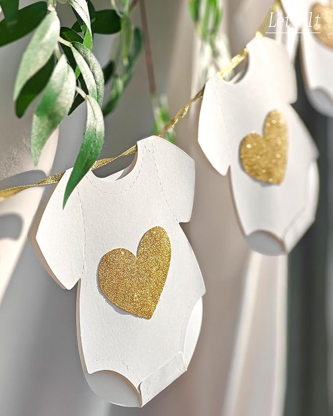 White Baby Shower Paper Garland Short-Sleeve Bodysuits Clothesline Garland Gender Reveal Birthday Banner Pre - Strung Baby Outfit Paper Decorations 9 pcs