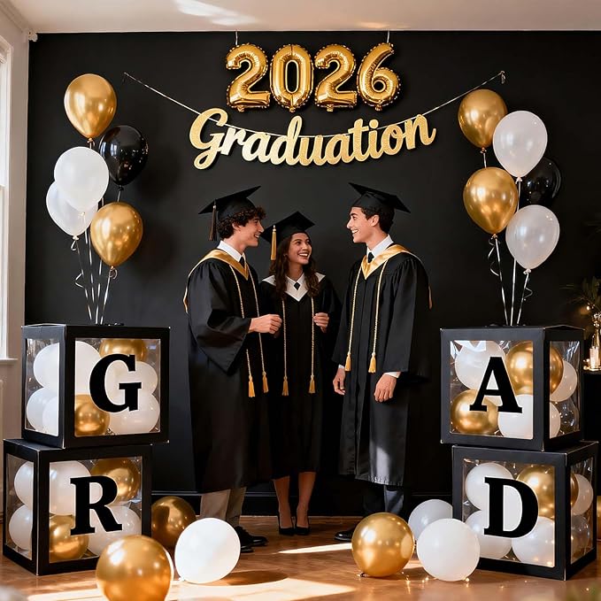 Ledido 2026 Graduation Balloon Boxes Decorations, 4 Pieces Black Clear Grad Balloon boxes with Letters, Class of 2026 Graduation Party Supplies for College, High School, Prom, Birthday, Baby Shower