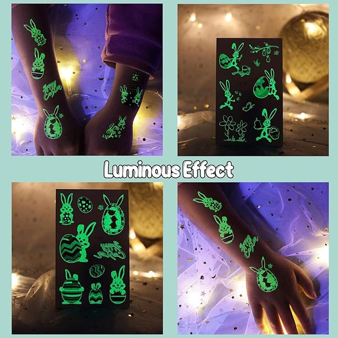 Partywind 132 PCS (12 Sheets) Luminous Easter Temporary Tattoos for Kids Basket Stuffers, Glow Easter Decorations Party Favors Supplies Essentials, Easter Games for Toddlers Boys Girls