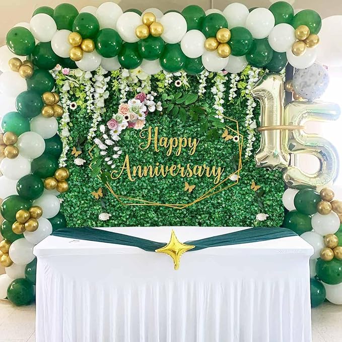 Sensfun Happy Anniversary Backdrop Green Grass Floral Banner Cheers to Wedding Anniversary Party Decorations Marriage Memorial Portrait Photo Booth Background 7x5ft