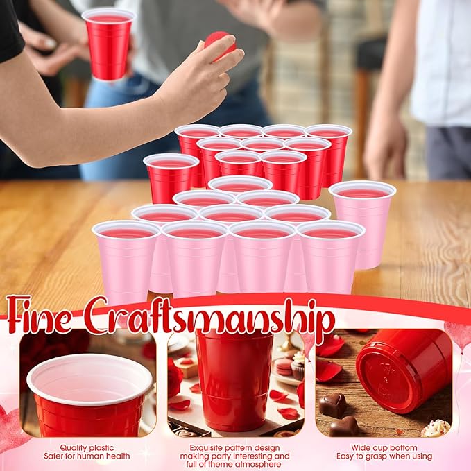 32 Pcs Party Game Set for Adult, Include 16oz Red Pink Plastic Cups with 8 Balls, Bachelor Party Disposable Cup Bulk for Summer Birthday, Anniversary, Wedding, Outdoor Toss Game Supplies