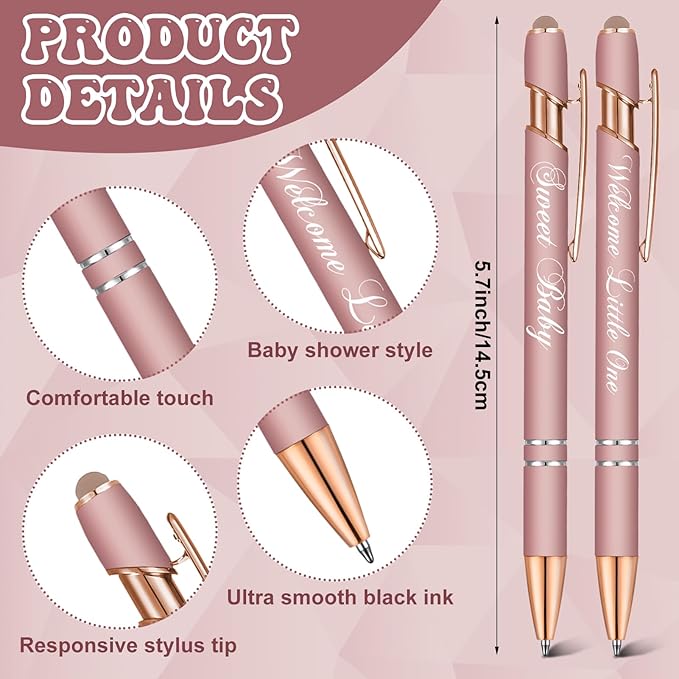 Jspupifip 50 Pcs Baby Shower Pens with Stylus Tip Metal Retractable Baby Shower Pens Girls Black Ink Baby Pens Bulk It's a Girl Pens for Baby Shower Favors Guests School Supply (Rose Gold)