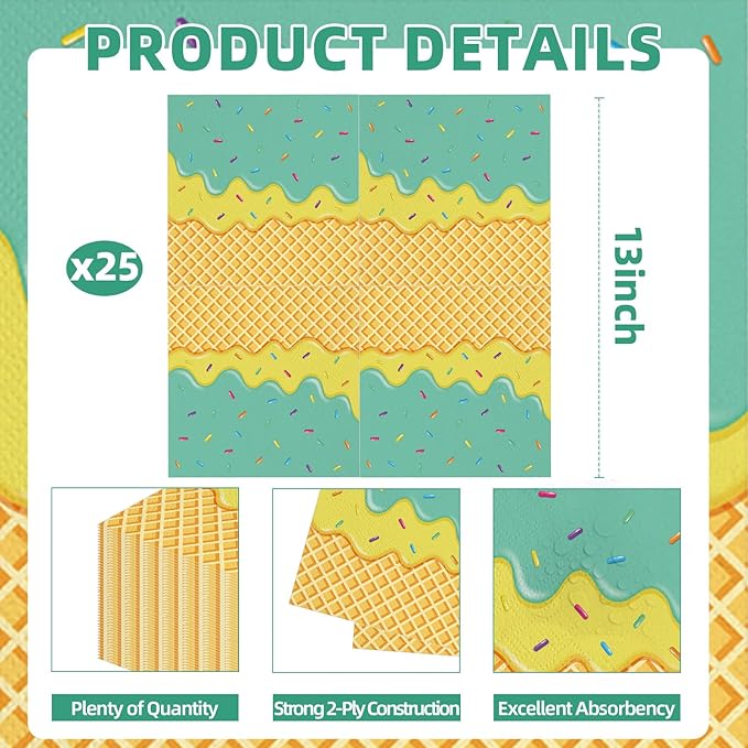 50 Count Ice Cream Cone Paper Napkins – 25 Pink and 25 Green, Disposable Dessert Napkins with Sprinkle Design for Kids Birthday, Summer Party, Sweet Shop, and Ice Cream Theme Decorations