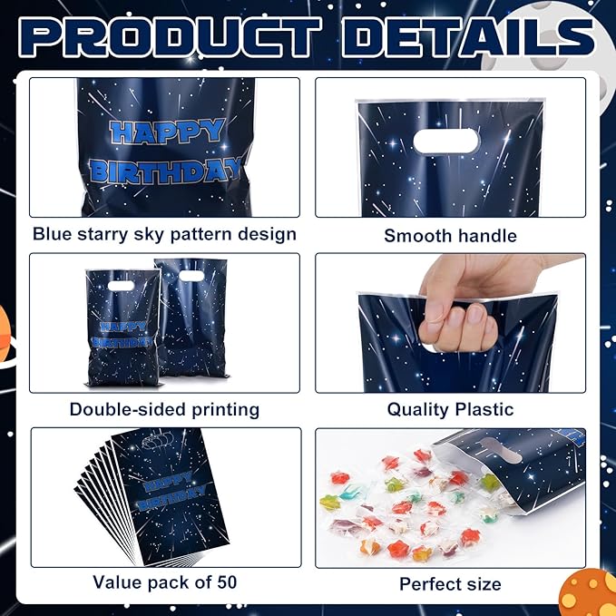 50Pcs Galaxy Star Party Favor Goodie Space Themed Star Decorations Party Supplies Gift Bag with Handles for Plastic Candy Bags for Boy Girl Kid Baby Shower