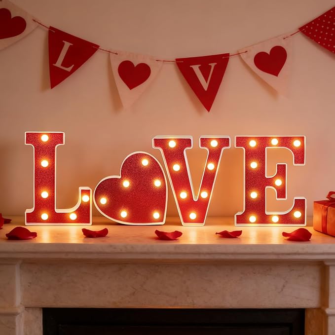 3 Pcs LED Marquee Light Up Letters Black Boo Sign Halloween Decorations Indoor Boo Halloween Lights for Home Kitchen Tabletop Fireplace Party Decoration (Red Love)