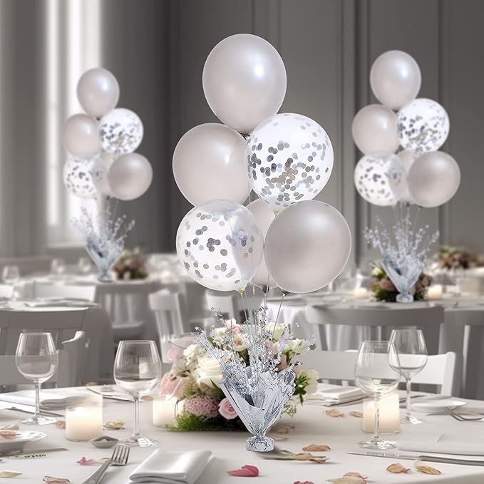2 Set Silver Balloon Centerpieces for Tables Silver Balloons Stand Kit for Birthday Party Baby Shower Wedding Bridal Shower Retirement Engagement Graduation Prom Table Decorations