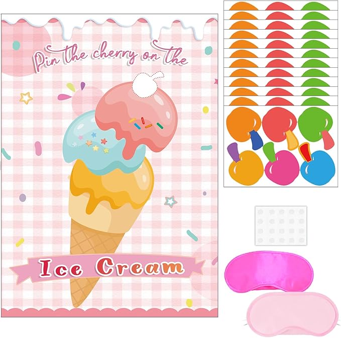 T-Antrix Pin The Cherry on The Ice Cream Game -Ice Cream Party Game with 21'' x 28'' Poster, Reusable Cherry Sticker Carnival Party Supplies Kids Birthday Party Favor Sets