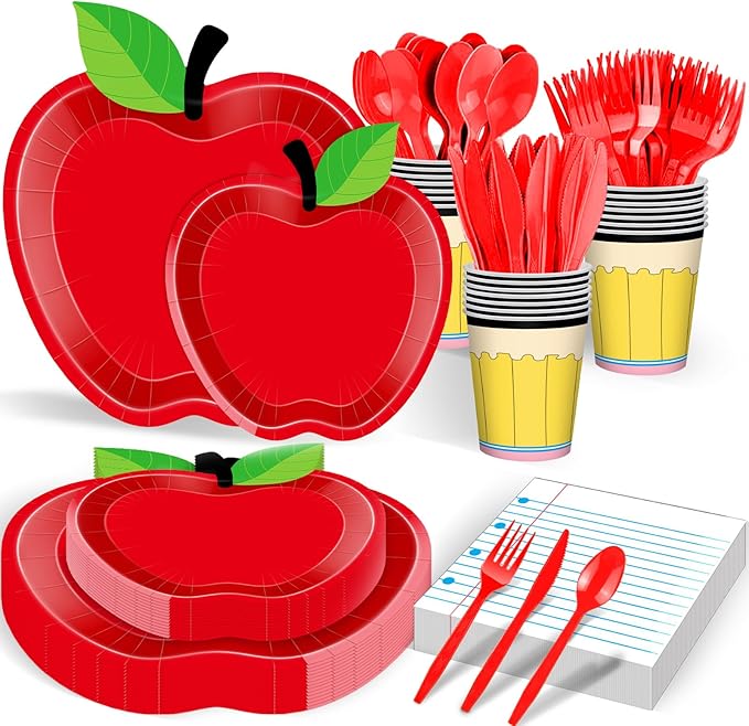 175 Pcs Back to School Party Supplies Tableware Set – Serves 25, Red Apple and Notebook Paper Theme Disposable Plates, Cups, Napkins, Forks, Spoons, Knives for Classroom, Teacher, School Decorations
