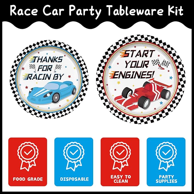 120pcs Racing Car Party Plates Napkins Checked Race Car Birthday Supplies Boys Kids Disposable Tableware Set Paper Cups Forks for Race Car Theme Party Decorations,24 Guests