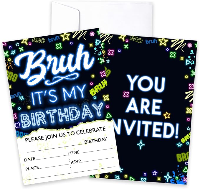 CLIRBE Bruh Birthday Party Invitations, Glow Neon Invited Birthday Invitations For Brother Bro Teen Boys, 20 Invites Cards With 20 Envelopes, Party Supplies Favors -H05