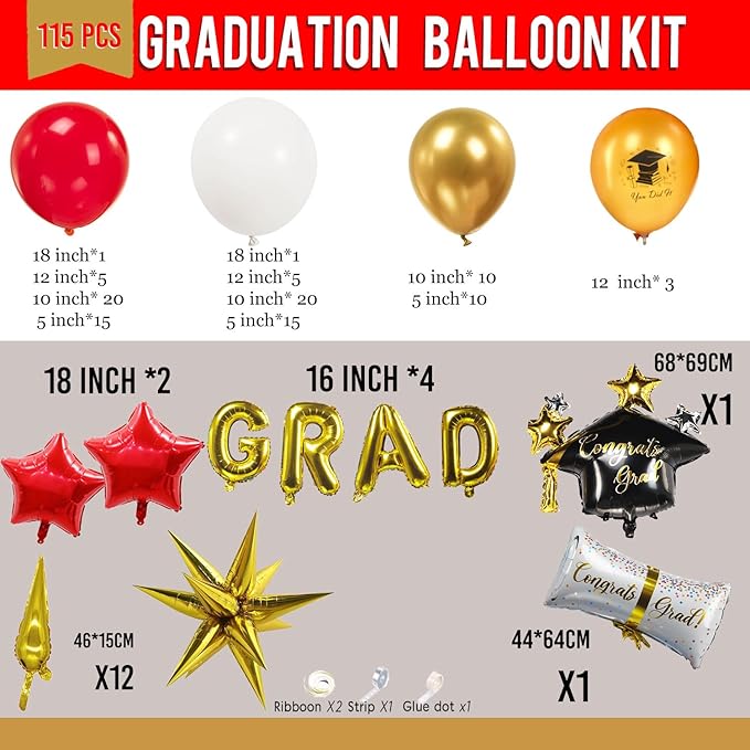 Red Graduation Balloon Garland Arch Kit 115PCS with Graduation Star print Certificate Letter Mylar Foil Balloons for Graduate Class of 2026 Grad Prom party Decorations Supplies (Red Gold White)