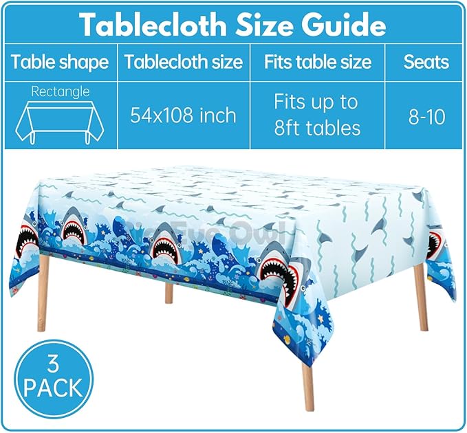 3 Pcs Shark Party Tablecloths Plastic Disposable Birthday Party Table Cloth Rectangle Tablecovers Decorations Blue Boys Shark Theme Party Supplies 54x108 Inch