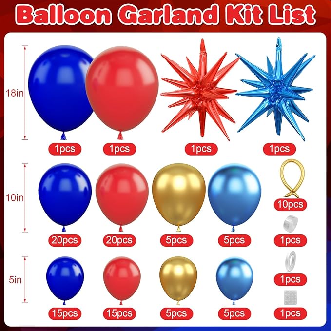 Red Blue Gold Balloons Arch Kit,Royal Blue Red Balloon Garland Kit with Star Balloon Foil Balloons for Boys Girls Birthday Party Decorations