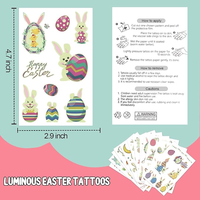 Partywind 132 PCS (12 Sheets) Luminous Easter Temporary Tattoos for Kids Basket Stuffers, Glow Easter Decorations Party Favors Supplies Essentials, Easter Games for Toddlers Boys Girls