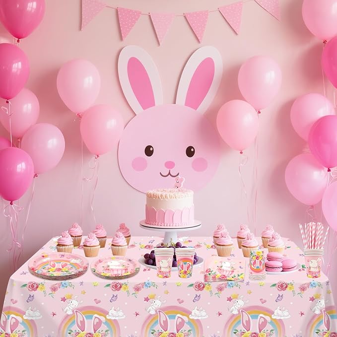 KEFAN Bunny Birthday Party Decorations, Rabbit Theme Party Tableware Supplies including Plates, Cups, Napkins, Tablecloth (40)