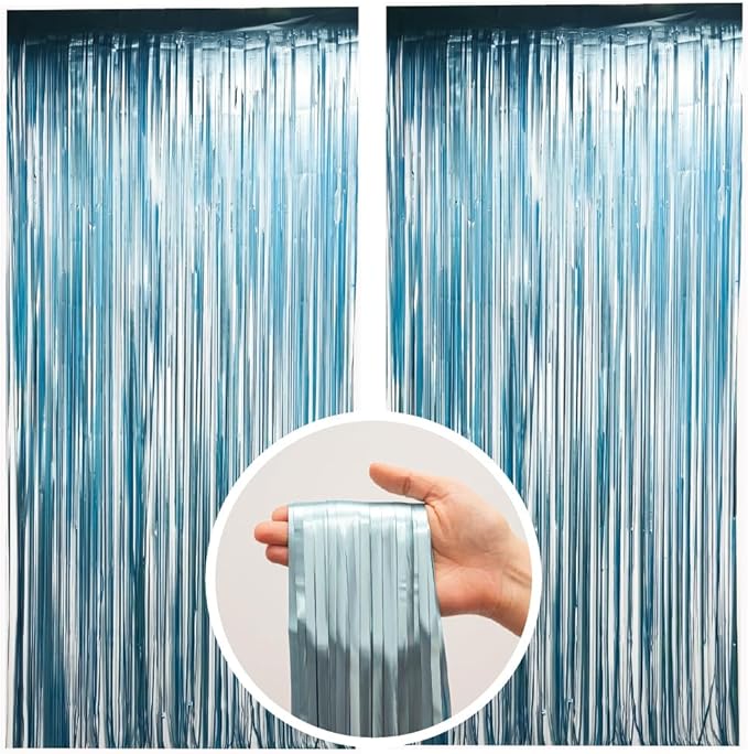 Pack of 2 Matte Blue Foil Fringe Curtains – Blue Tinsel Backdrop for Photo Booth, Birthday, Wedding, Baby Shower, Bachelorette, Christmas & Holiday Party Decorations