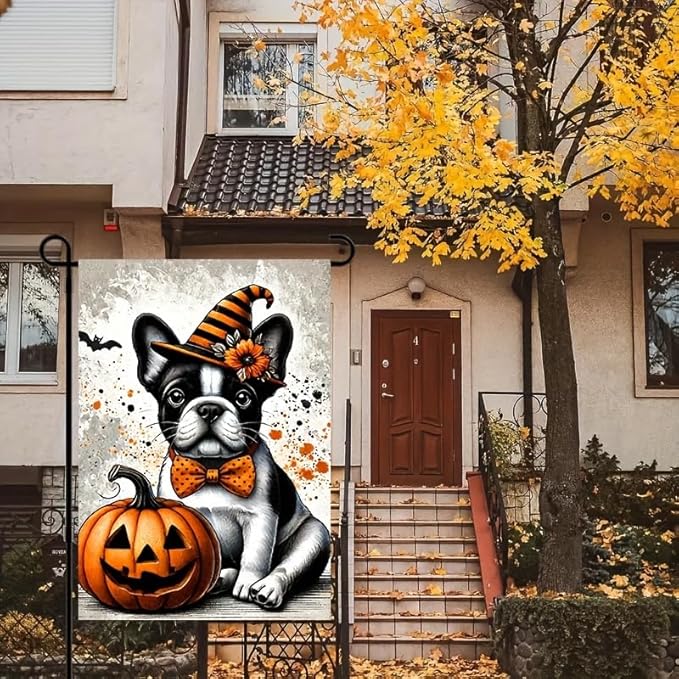 Halloween Garden Flag French Bulldog Pumpkin Witch Hat 12x18 Inch Double SidedOutdoor Yard Banner for Trick or Treat Spooky Haunted House Holiday Decoration Decor