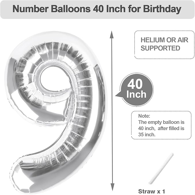 Silver Balloons Numbers 9, Big 40 Inch Happy 9 19 29 90 Birthday for Men And Women, Foil Balloons Decoratins for Wedding Anniversary, Single, New Year, Party Syupplies