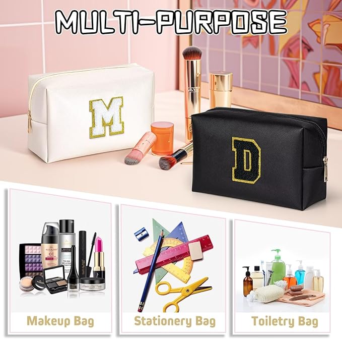 TOPEAST Preppy Small Makeup Bag, Chenille Letter Pouch Cosmetic Bag With Zipper, PU Leather Waterproof Toiletry Bag, Personalized Birthday Gift for Women, Cute Stuff for Girls (Black D)