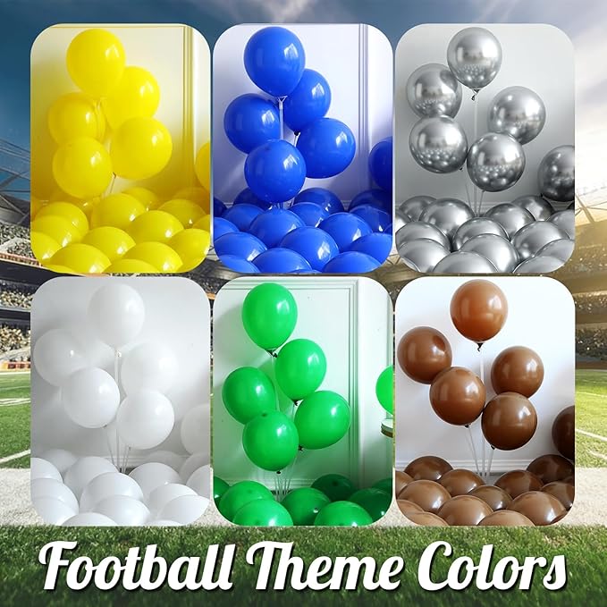 Football Balloon Arch Kit,135Pcs Yellow Royal Blue Silver Balloon Garland with Football,Helmet,Goal Post,Trophy Foil Balloons for Sports Rugby Birthday Big Game Touch Down Tailgate Party Decoration